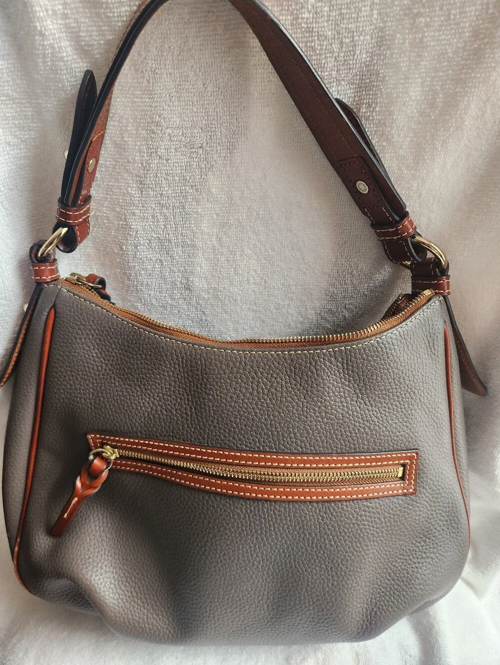 Dooney & Bourke Elephant Gray Pebbled Leather Hobo with Tan Trim Shoulder Bag